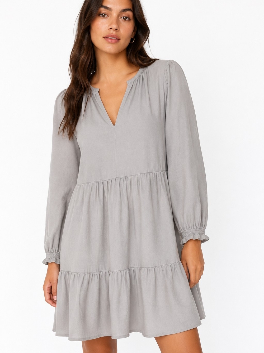 Cynthia Rowley Linen Blend Tiered Dress Large Light Grey Boho babydoll pockets